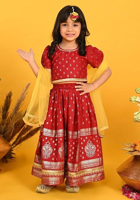 Maroon Printed Blended Lehenga Choli For Girls — view on Indya