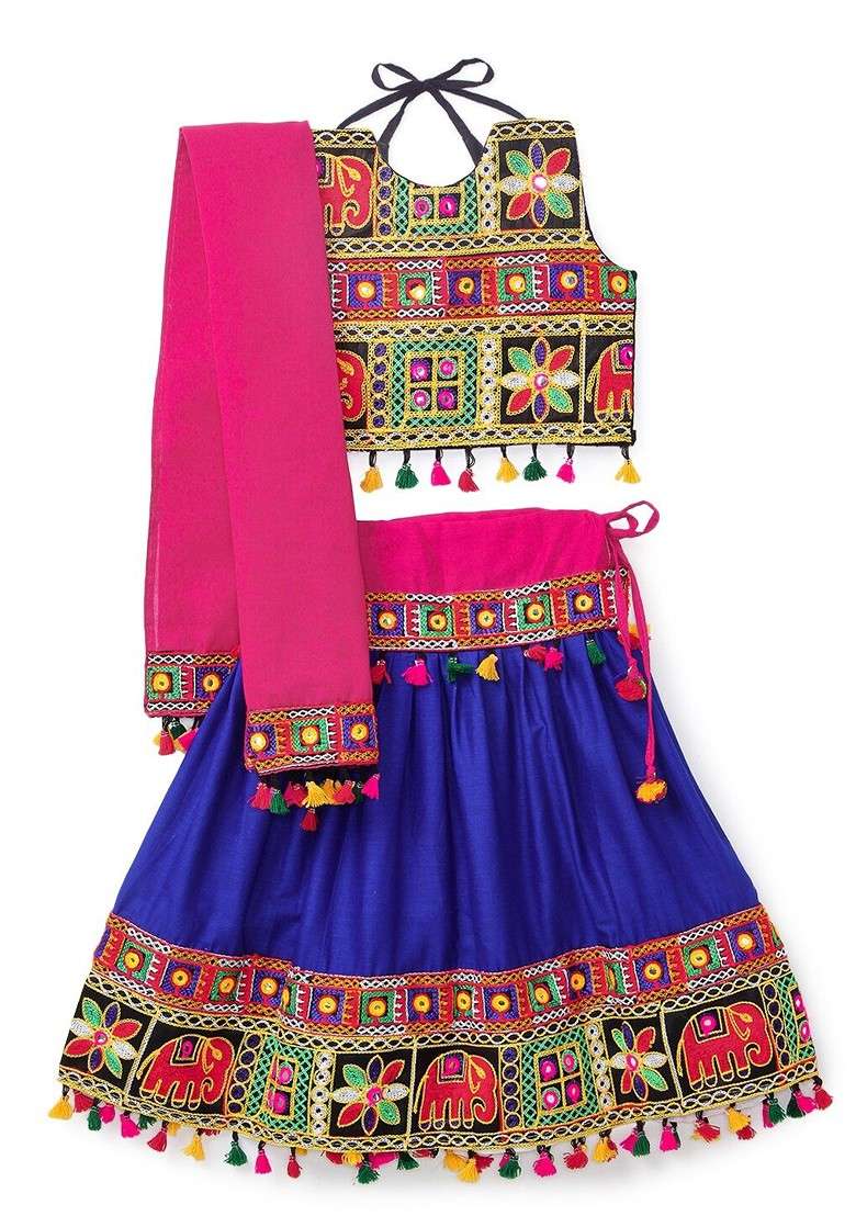 Blue Embroidered Cotton Blend Lehenga Choli For Girls - Indya