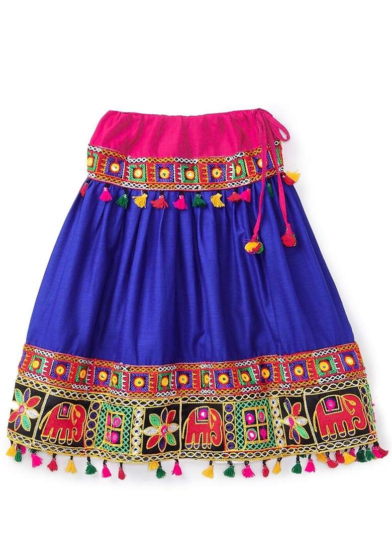Blue Embroidered Cotton Blend Lehenga Choli For Girls - Indya