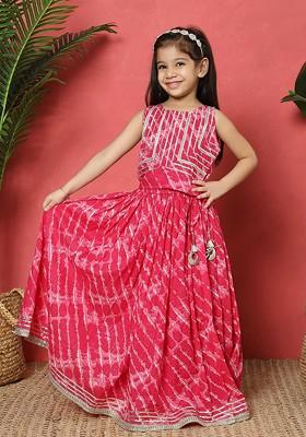 Magenta Printed Cotton Blend Lehenga Choli For Girls