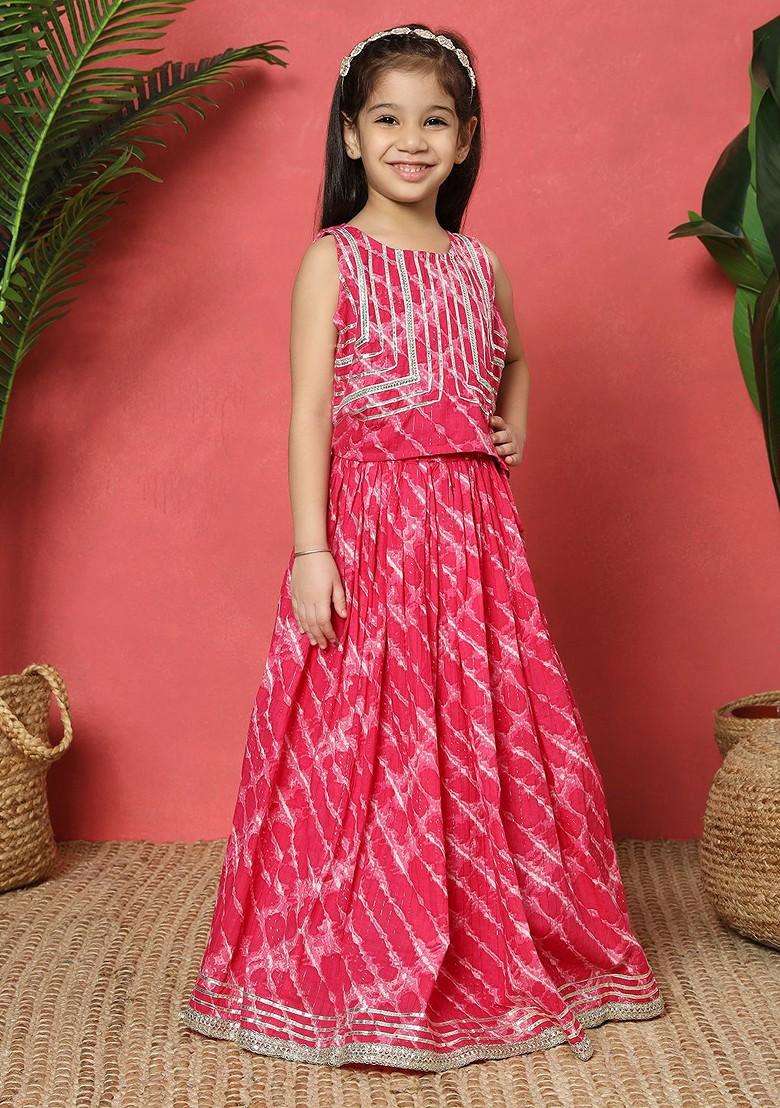 Magenta Printed Cotton Blend Lehenga Choli For Girls - Indya