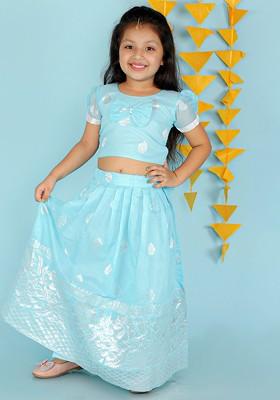 Blue Printed Blended Lehenga Choli For Girls