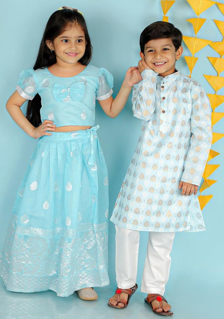 Blue Printed Blended Lehenga Choli For Girls - Indya