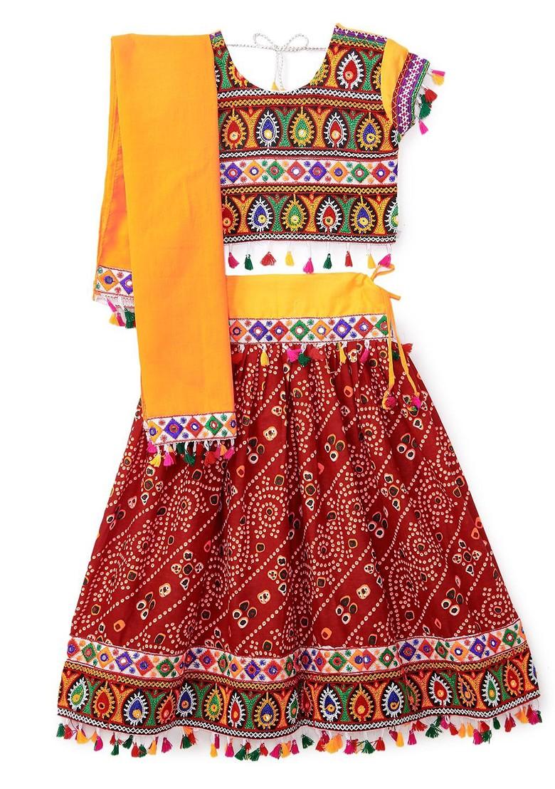 Red Embroidered Blended Lehenga Choli For Girls - Indya