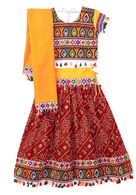 Red Embroidered Blended Lehenga Choli For Girls — view on Indya