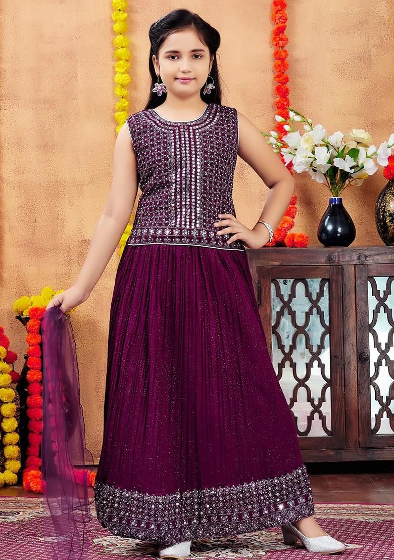 Purple Embroidered Georgette Lehenga Choli For Girls - Indya