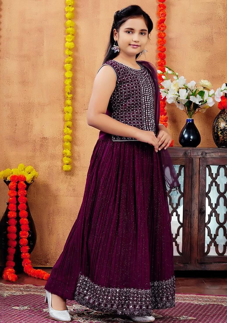 Purple Embroidered Georgette Lehenga Choli For Girls - Indya