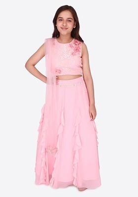 Pink Embellished Blended Lehenga Choli For Girls