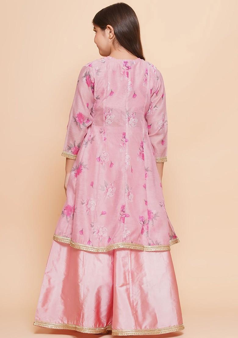 Pink Printed Blended Lehenga Choli For Girls - Indya