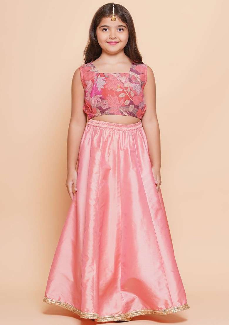 Peach Printed Blended Lehenga Choli For Girls - Indya