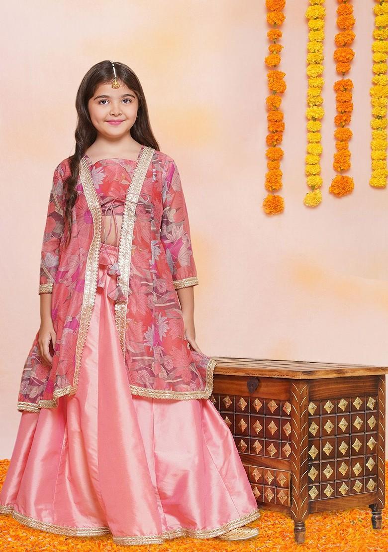 Peach Printed Blended Lehenga Choli For Girls - Indya