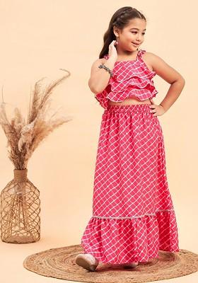 Pink Embroidered Blended Lehenga Choli For Girls