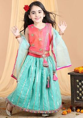 Pink Embroidered Blended Lehenga Choli For Girls