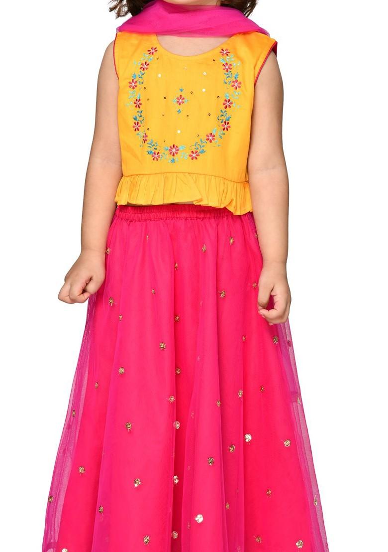 Yellow Embroidered Blended Lehenga Choli For Girls - Indya