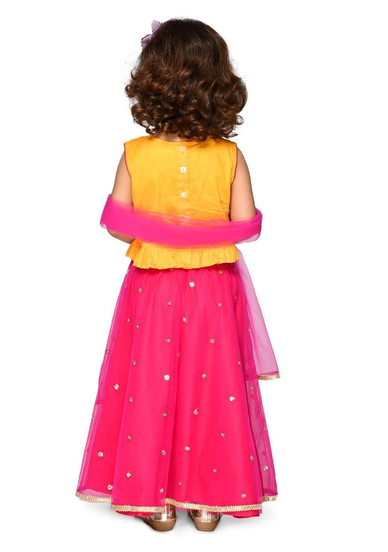 Yellow Embroidered Blended Lehenga Choli For Girls - Indya