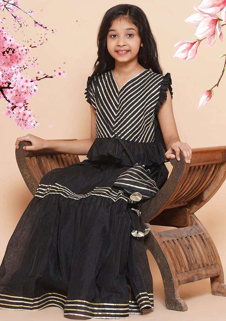 Black Embroidered Blended Lehenga Choli For Girls - Indya