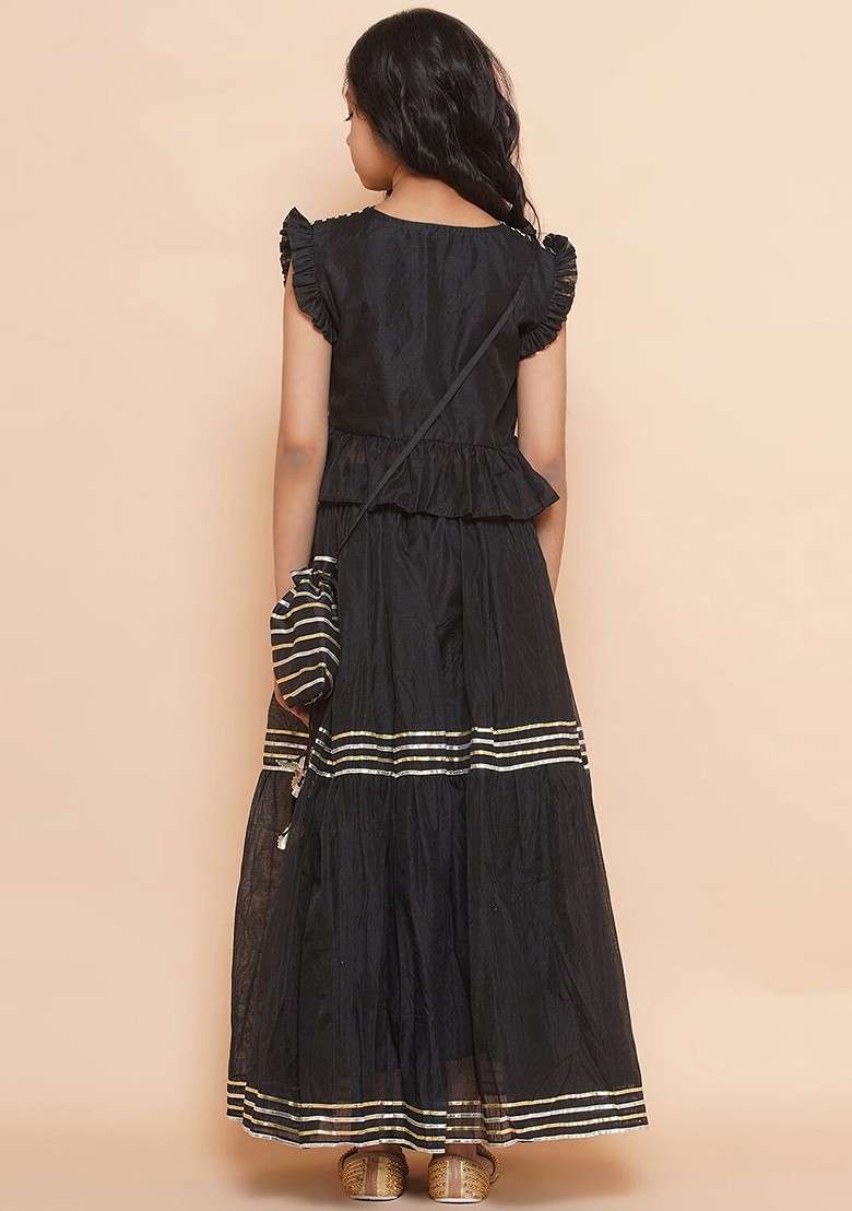 Black Embroidered Blended Lehenga Choli For Girls - Indya