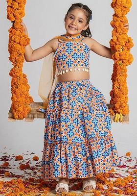 Blue Printed Blended Lehenga Choli For Girls