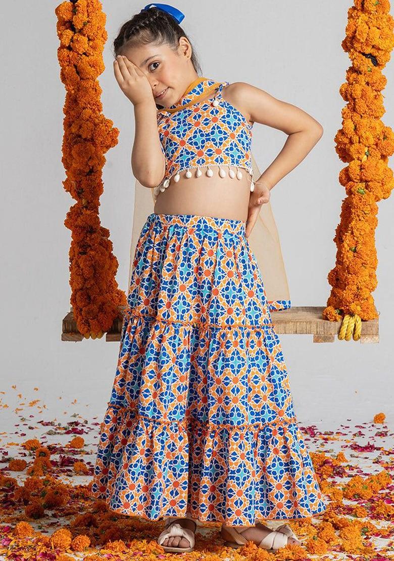 Blue Printed Blended Lehenga Choli For Girls - Indya