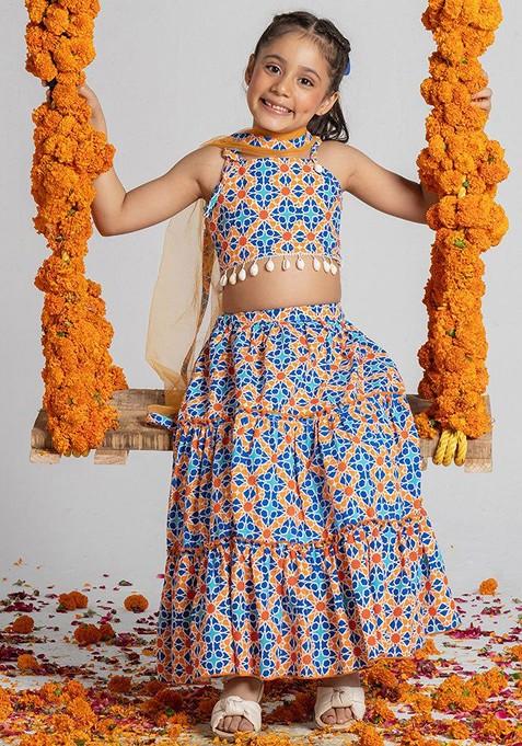 Blue Printed Blended Lehenga Choli For Girls