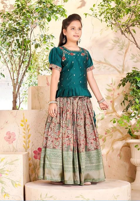Green Zari Blended Lehenga Choli For Girls — view on Indya