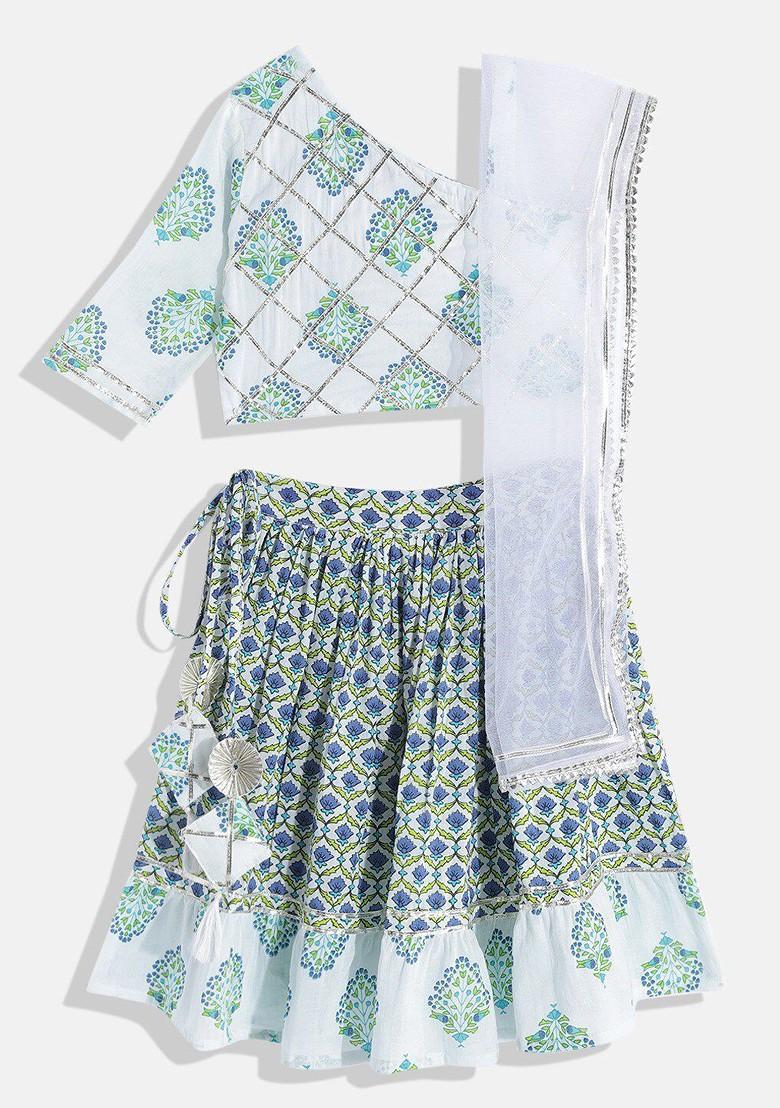 White Printed Cotton Blend Lehenga Choli For Girls - Indya