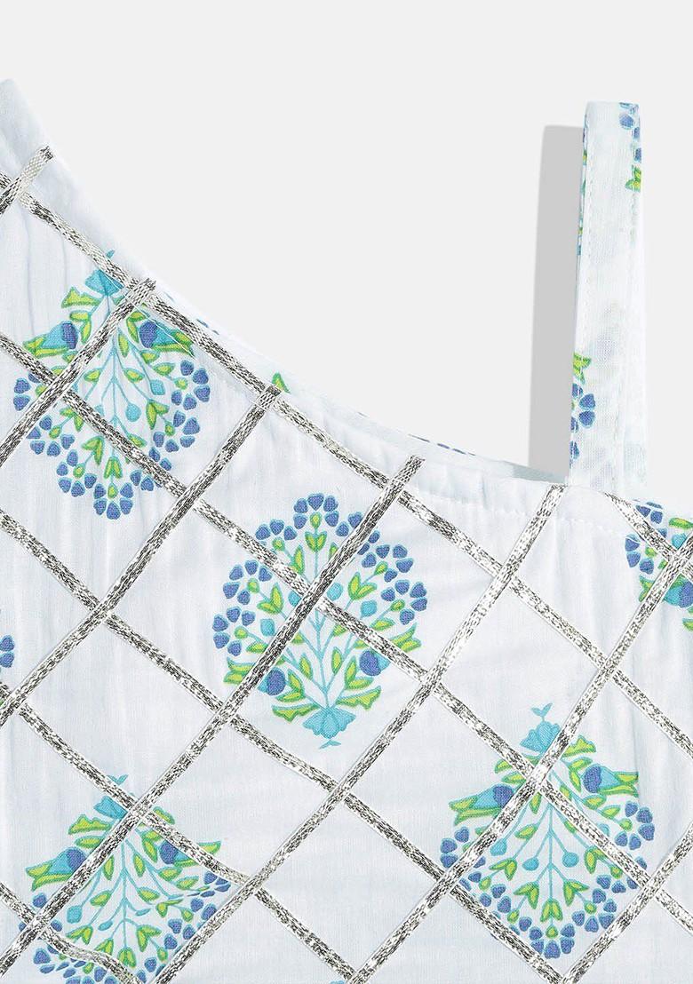 White Printed Cotton Blend Lehenga Choli For Girls - Indya