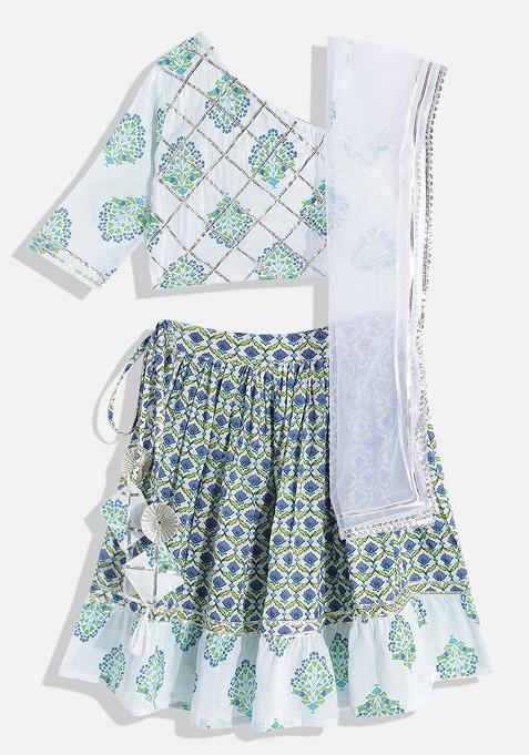 White Printed Cotton Blend Lehenga Choli For Girls