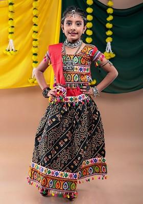 Black Embroidered Cotton Blend Lehenga Choli For Girls