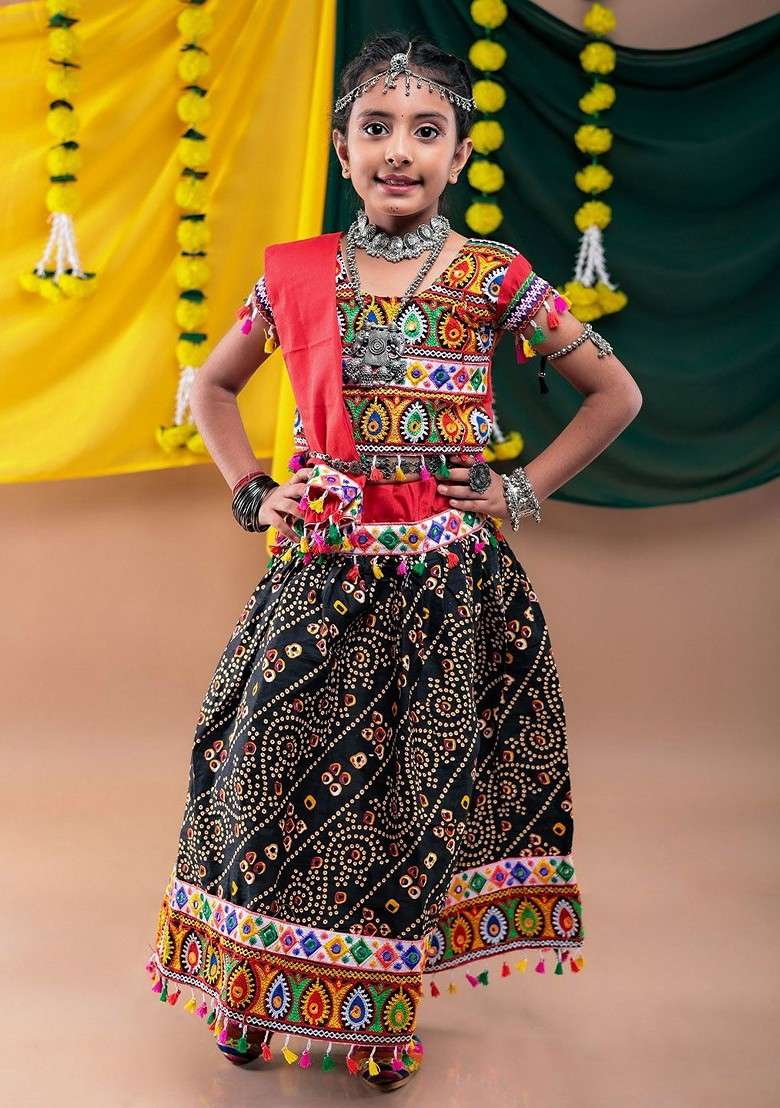 Black Embroidered Cotton Blend Lehenga Choli For Girls - Indya