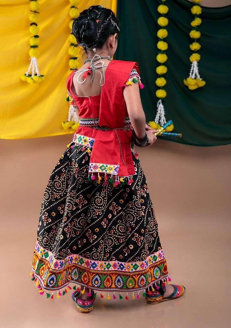 Black Embroidered Cotton Blend Lehenga Choli For Girls - Indya