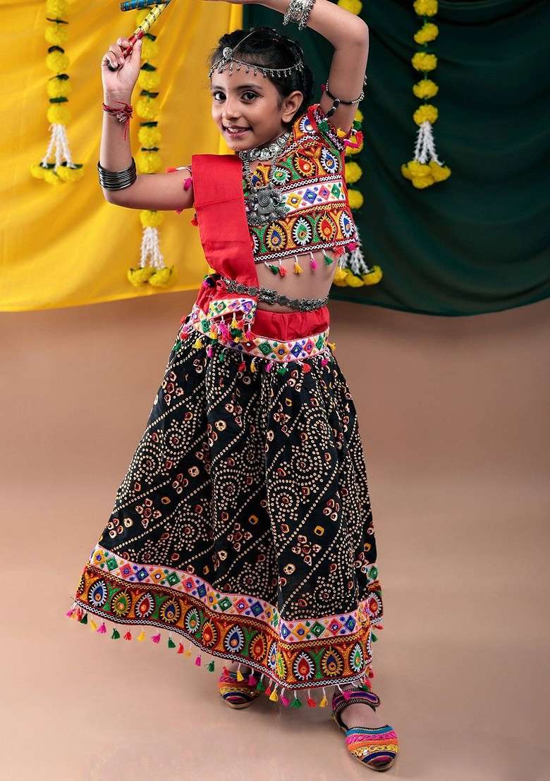 Black Embroidered Cotton Blend Lehenga Choli For Girls - Indya