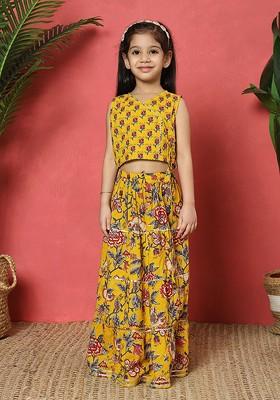 Mustard Printed Cotton Blend Lehenga Choli For Girls