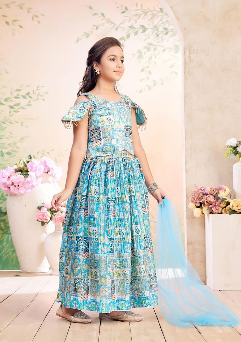 Blue Printed Georgette Lehenga Choli For Girls - Indya