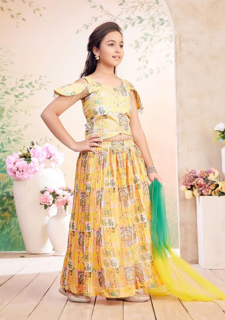 Yellow Printed Georgette Lehenga Choli For Girls - Indya