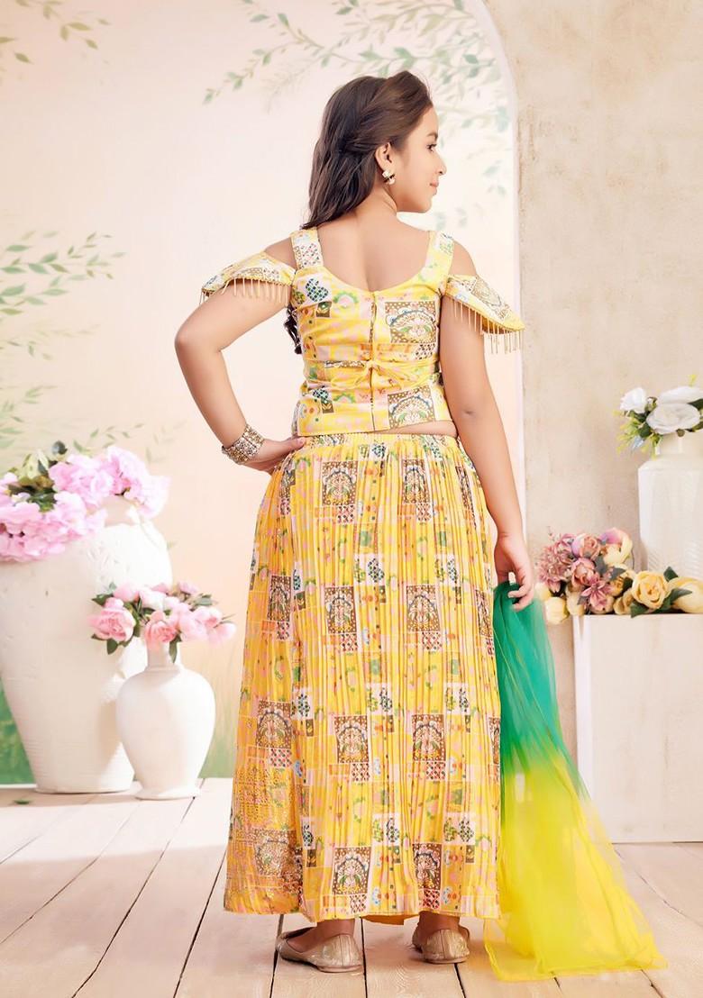 Yellow Printed Georgette Lehenga Choli For Girls - Indya