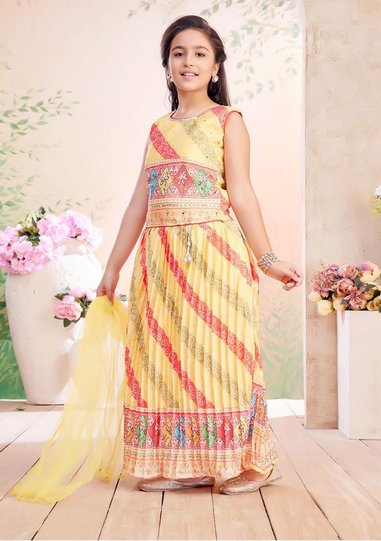 Yellow Printed Silk Lehenga Choli For Girls - Indya