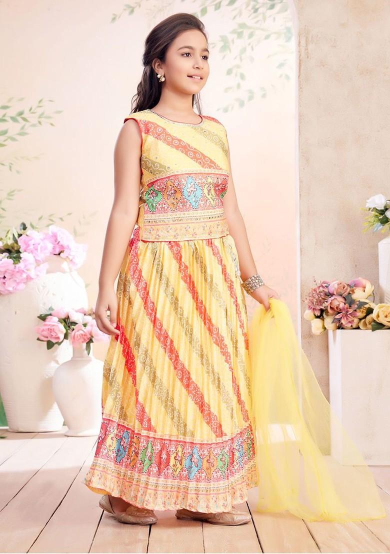 Yellow Printed Silk Lehenga Choli For Girls - Indya
