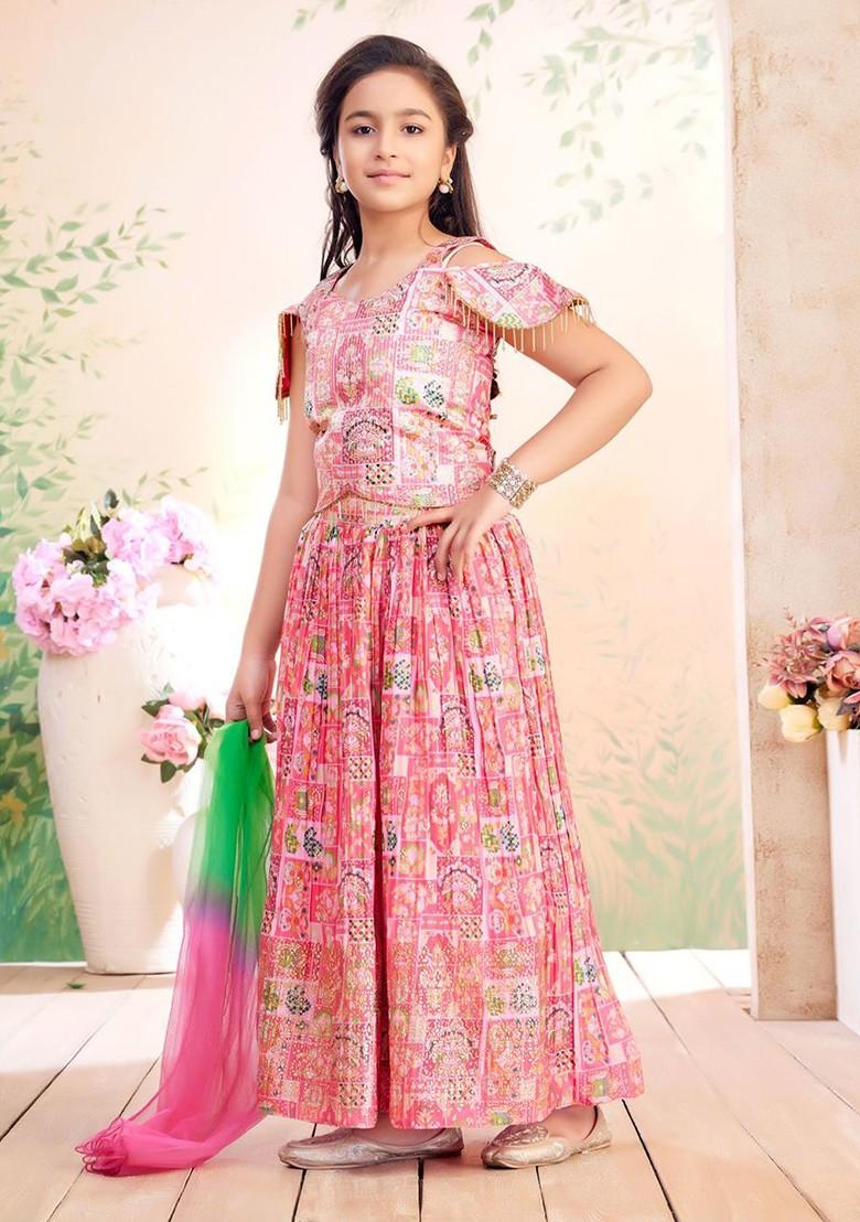 Pink Printed Georgette Lehenga Choli For Girls - Indya