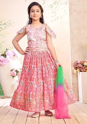 Pink Printed Blended Lehenga Choli For Girls