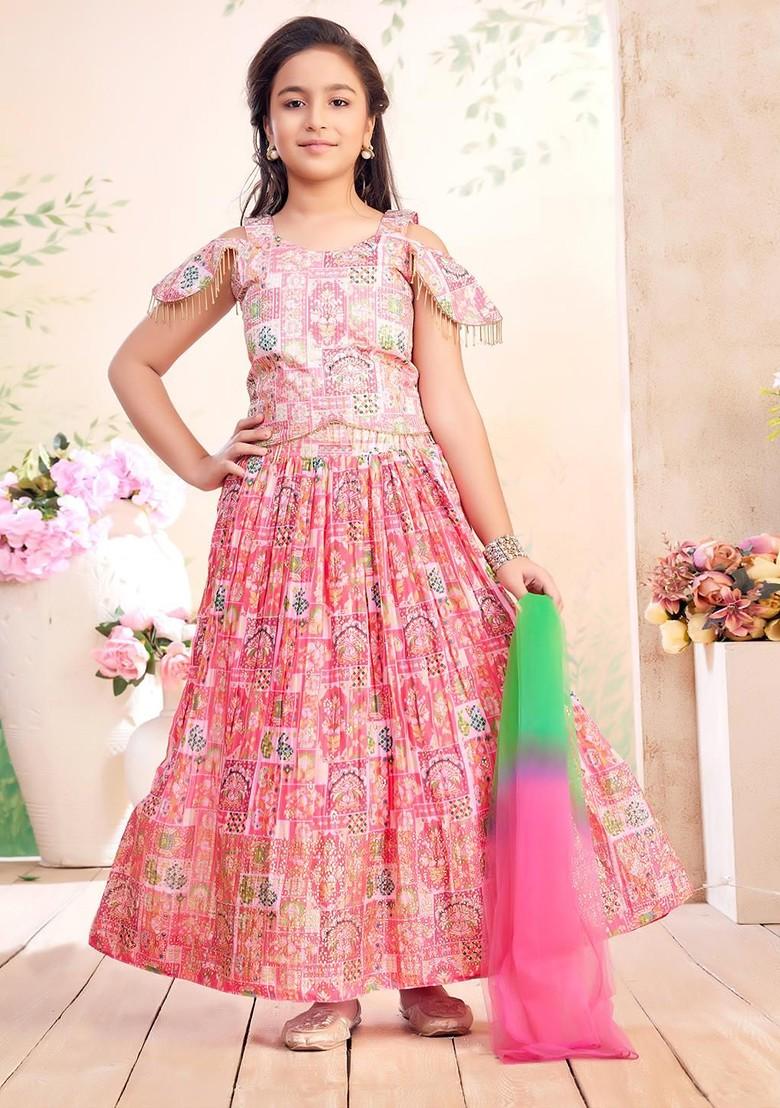 Pink Printed Blended Lehenga Choli For Girls - Indya