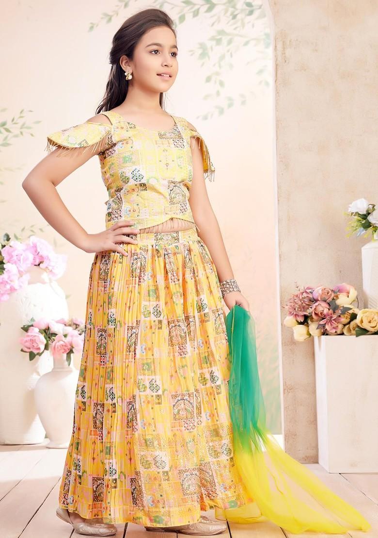Yellow Printed Blended Lehenga Choli For Girls - Indya