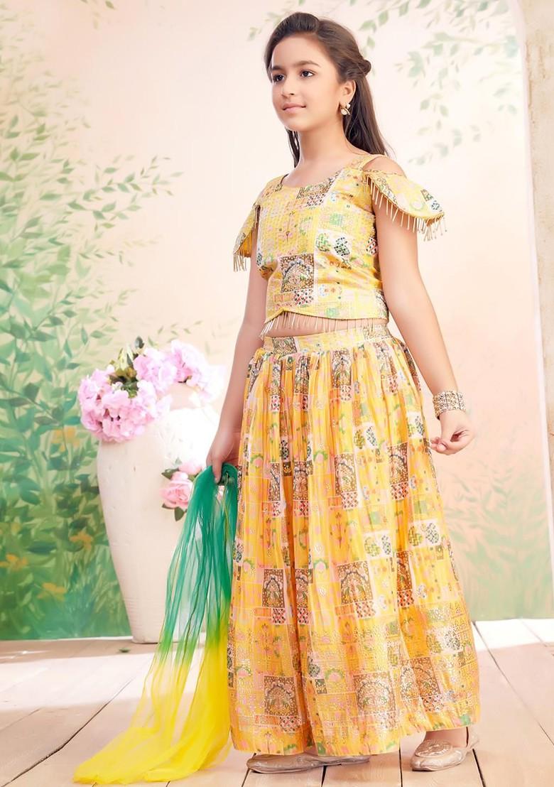 Yellow Printed Blended Lehenga Choli For Girls - Indya