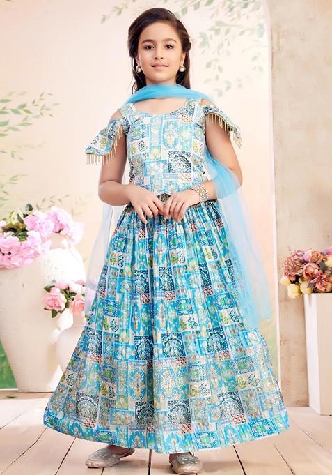 Turquoise Blue Printed Silk Lehenga Choli For Girls — view on Indya