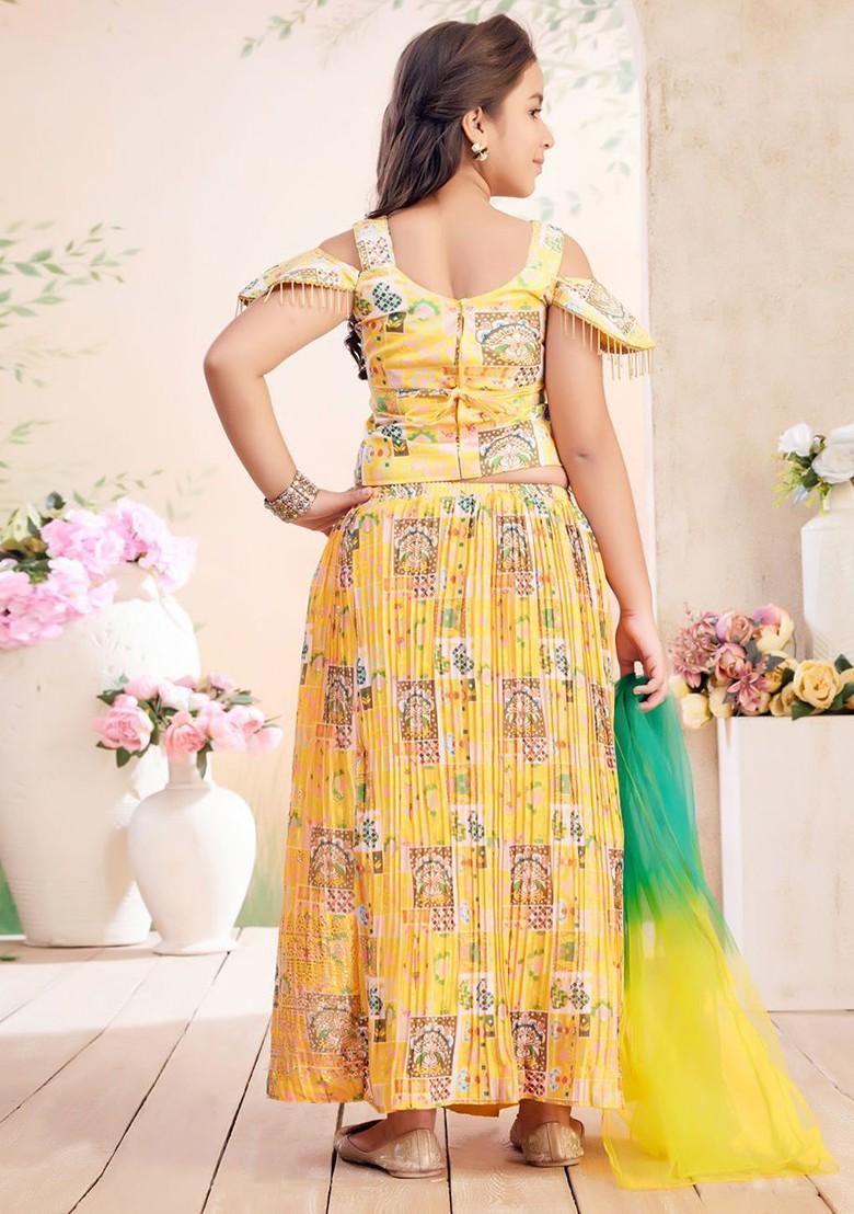 Yellow Embroidered Blended Lehenga Choli For Girls - Indya