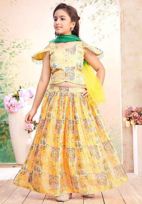 Yellow Embroidered Blended Lehenga Choli For Girls