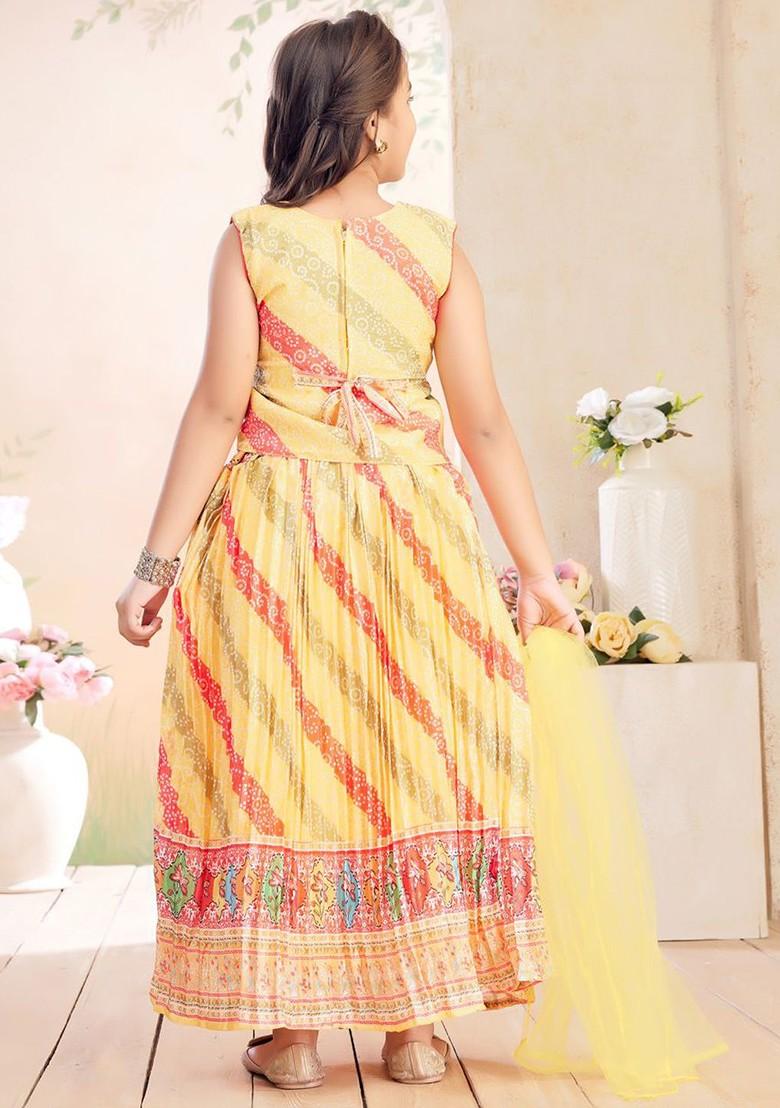 Yellow Printed Blended Lehenga Choli For Girls - Indya