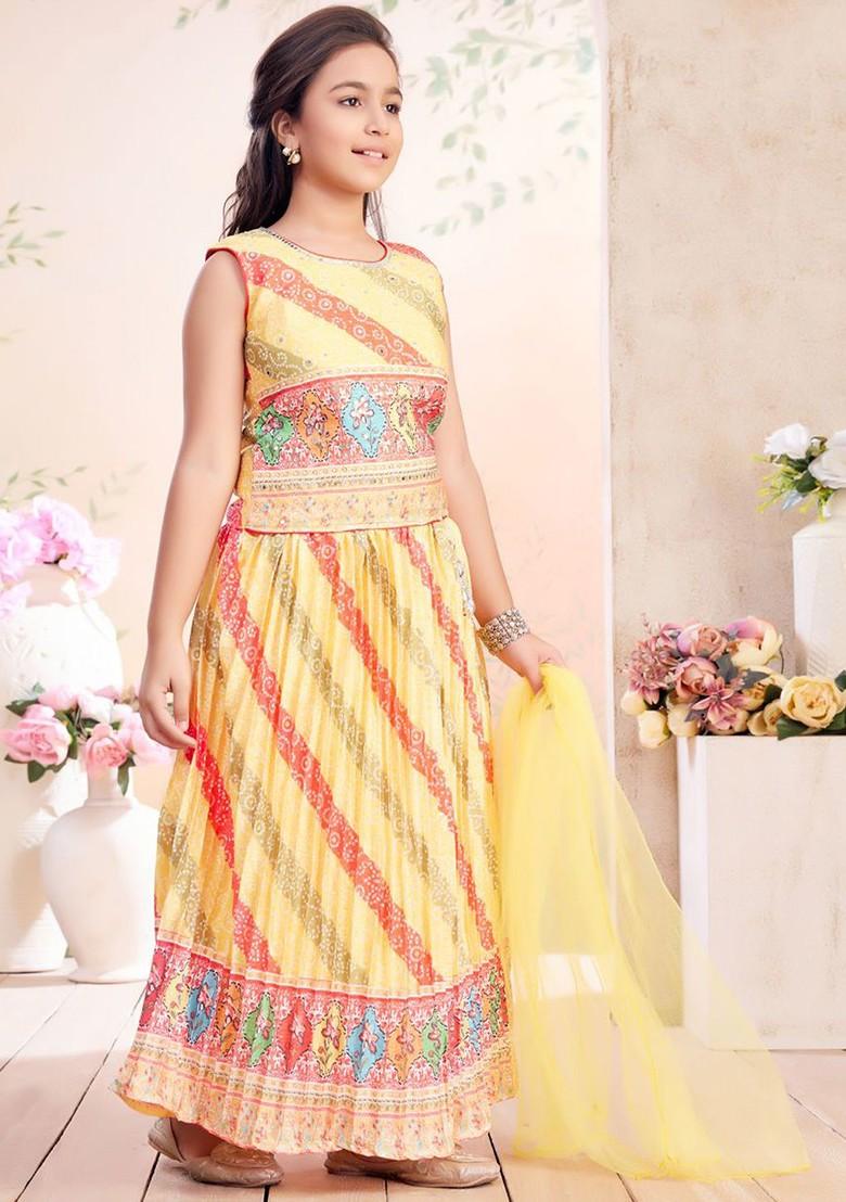 Yellow Printed Blended Lehenga Choli For Girls - Indya