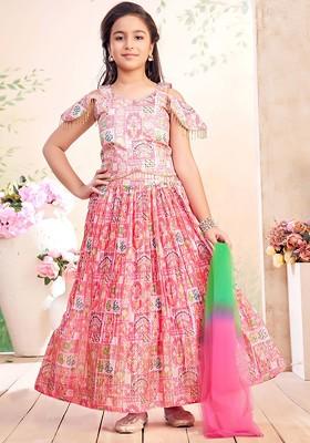Pink Printed Blended Lehenga Choli For Girls