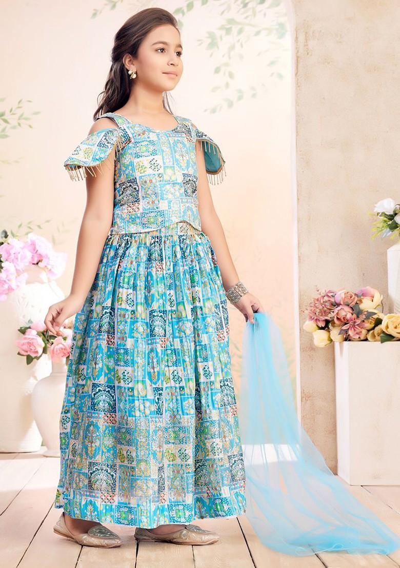 Turquoise Blue Printed Blended Lehenga Choli For Girls - Indya